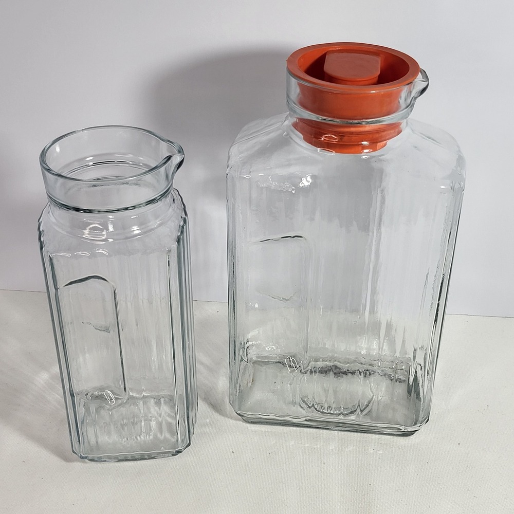 Anchor Hocking Glass Juice Carafe Set 2 Vintage Ribbed Square Pitcher Orange Lid